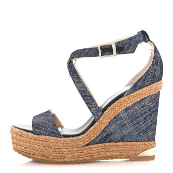 JIMMY CHOO Metallic Denim Cork Portia 120 Wedge Sandals 40 Navy