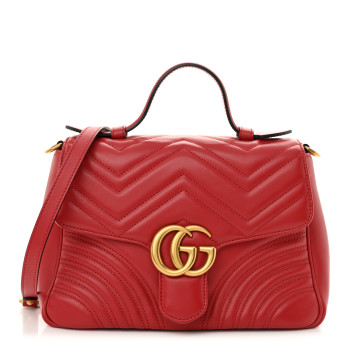 GUCCI Calfskin Matelasse Small GG Marmont Top Handle Shoulder Bag Hibiscus Red