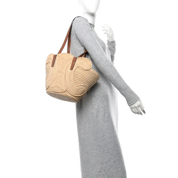 CELINE Braided Raffia Calfskin Triomphe Small Panier Tan