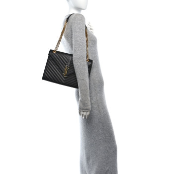 SAINT LAURENT Grain De Poudre Matelasse Chevron Large Monogram Satchel Black