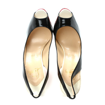 CHRISTIAN LOUBOUTIN Patent Lady Peep Sling 150 Pumps 37 Black White