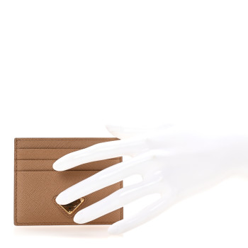 PRADA Saffiano Triangle Card Holder Caramel