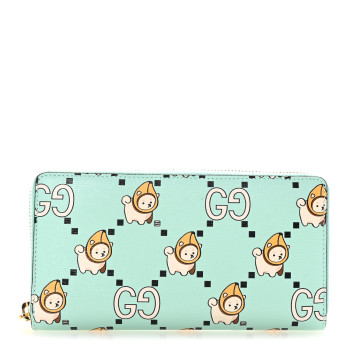 GUCCI X PIKARAR Textured Dollar Calfskin Animal Print Zip Around Wallet Green