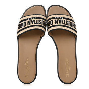 CHRISTIAN DIOR Straw Embroidered Dway Flat Slide Sandals 41 Natural Black