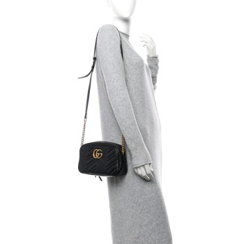 GUCCI Calfskin Matelasse Small GG Marmont Chain Shoulder Bag Black