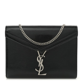 SAINT LAURENT Calfskin Lizard Embossed Monogram Cassandra Chain Wallet Black