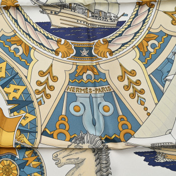 HERMES Silk L'Air Marin Scarf 90 Blue Gold