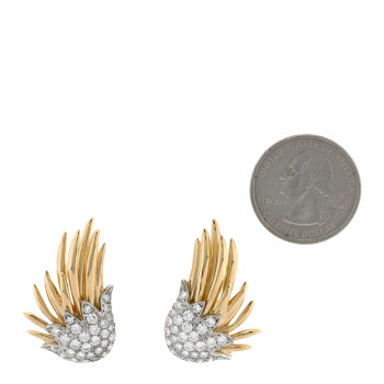 TIFFANY 18K Yellow Gold Platinum Diamond Schlumberger Flame Clip On Earrings