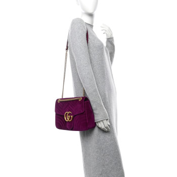 GUCCI Velvet Matelasse Medium GG Marmont Shoulder Bag Fuchsia Violet Cyclamen