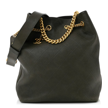 CHANEL Calfskin Quilted Small On My Shoulder Drawstring Bag Dark Green