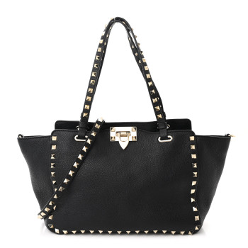 VALENTINO GARAVANI Grained Calfskin Small Rockstud Tote Black