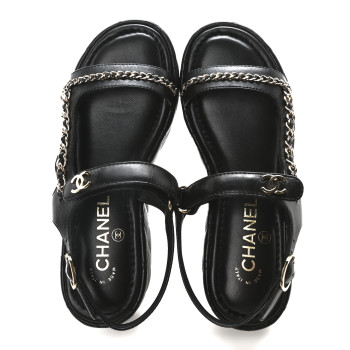 CHANEL Lambskin Quilted Chain CC Platform Sandals 37.5 Black