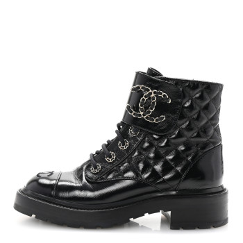 CHANEL Shiny Calfskin Quilted Lace Up Combat Boots 37 Black