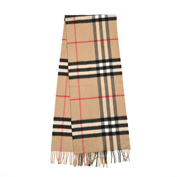 BURBERRY Cashmere Giant Check Fringe Scarf Camel