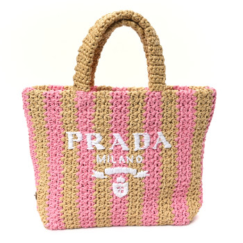 PRADA Yarn Raffia Effect Crochet Striped Small Logo Tote Naturale Petalo