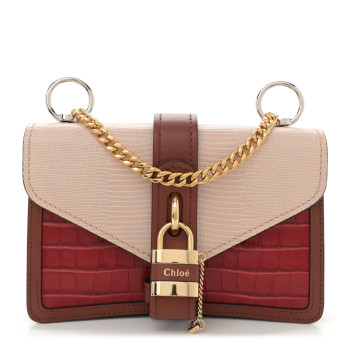 CHLOE Calfskin Crocodile Embossed Aby Chain Shoulder Bag Pink Red