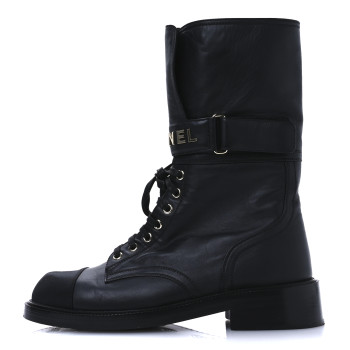 CHANEL Shiny Calfskin Lace Up Combat Boots 40 Black