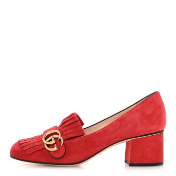 GUCCI Kid Scamosciato GG Marmont Fringe 50mm Loafer Pumps 39 Vulcanic Red