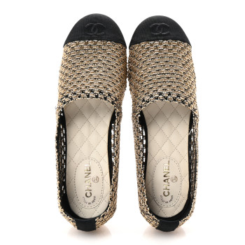 CHANEL Knit Grosgrain Cap Toe CC Moccasin Loafers 36 Gold Black
