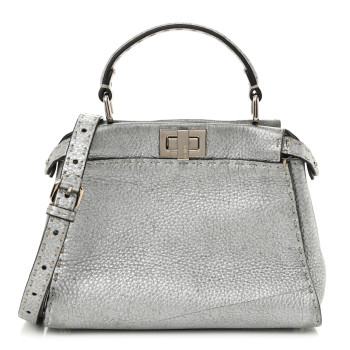 FENDI Cuoio Romano Lux Selleria Mini Peekaboo Iconic Satchel Argento