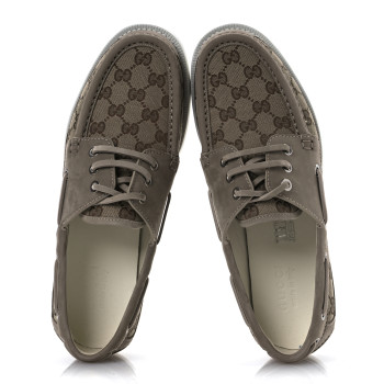 GUCCI GG Supreme Monogram Canvas Nubuck Mens Lace Up Boat Shoes 9.5 Oatmeal Beige Ebony