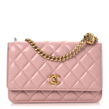 CHANEL Lambskin Quilted Sweet Camellia Wallet on Chain WOC Light Beige