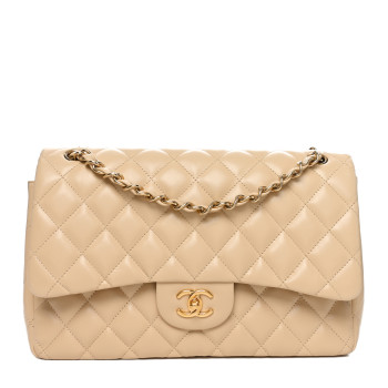 CHANEL Lambskin Quilted Jumbo Double Flap Beige
