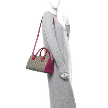 GUCCI GG Supreme Monogram Moon Calfskin Small Boston Beige Ebony Hibiscus Red New Rosette