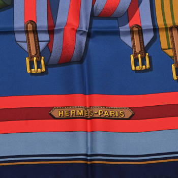 HERMES Silk Les Sangles Scarf 90 Bleu