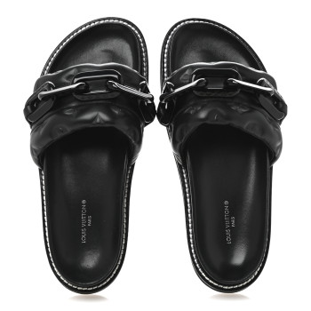 LOUIS VUITTON Calfskin Embossed Monogram Sunset Flat Comfort Mule 37 Black
