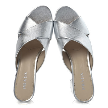 PRADA Metallic Saffiano Crisscross Platform Sandals 41 Silver