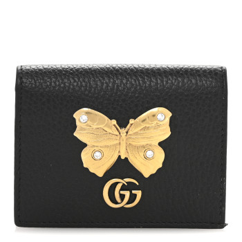 GUCCI Pebbled Calfskin Butterfly Card Case Black