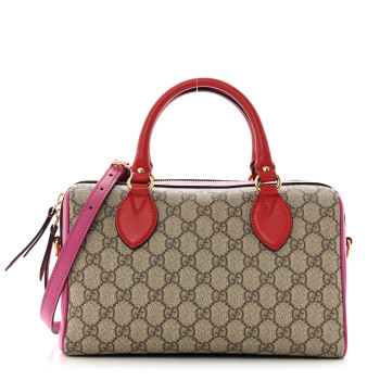 GUCCI GG Supreme Monogram Moon Calfskin Small Boston Beige Ebony Hibiscus Red New Rosette