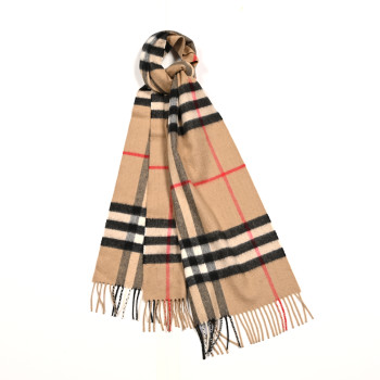 BURBERRY Cashmere Giant Check Fringe Scarf Camel