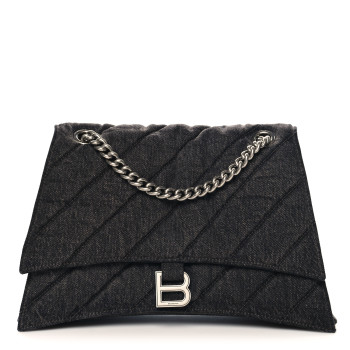 BALENCIAGA Washed Denim Quilted Medium Crush Chain Bag Black