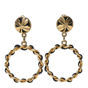 CHANEL Metal Lambskin Clover Clip On Hoop Earrings Gold Black