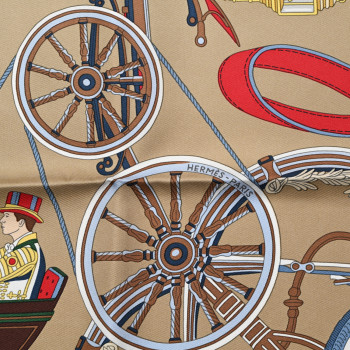 HERMES Silk Stately Wheels Scarf 90 Sable Brun Rouge