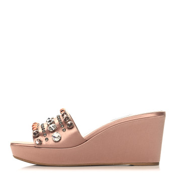 MIU MIU Satin Crystal Wedge Sandals 40 Cammeo