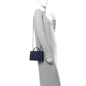 CHANEL Caviar Quilted Top Handle Slim Vanity With Chain Navy