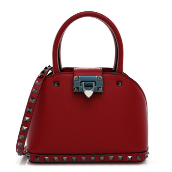 VALENTINO GARAVANI Grainy Calfskin Small Rockstud Double Top Handle Bag Rosso Valentino
