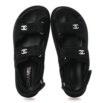 CHANEL Suede Calfskin Glitter Crystal Velcro Dad Sandals 40 Black