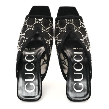 GUCCI Tela Retino Kid Scamosciato Crystal GG Monogram Square G 95mm Slide Sandals 35 Black