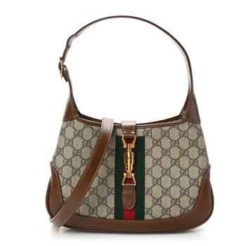 GUCCI GG Supreme Monogram Azalea Calfskin Web Small Jackie 1961 Hobo Beige Ebony Brown Sugar