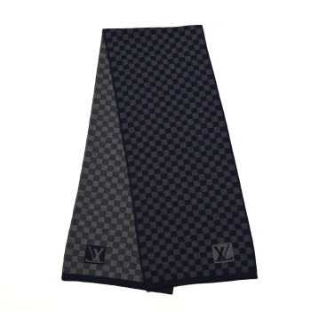 LOUIS VUITTON Wool Petit Damier Graphite Scarf Navy Blue