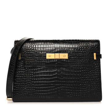 SAINT LAURENT Shiny Calfskin Crocodile Embossed Manhattan Baguette Black