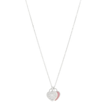 TIFFANY Sterling Silver Enamel Diamond Return to Tiffany Double Mini Heart Tag Pendant Necklace Pink