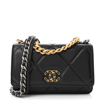 CHANEL Lambskin Quilted Chanel 19 Wallet On Chain WOC Black