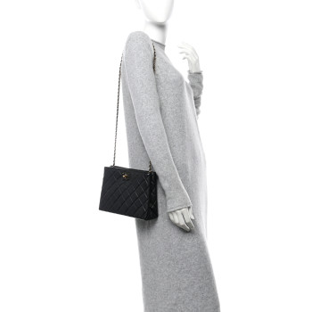 CHANEL Shiny Lambskin Quilted Enamel CC Shoulder Bag Black