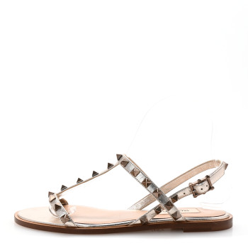 VALENTINO GARAVANI Metallic Nappa Rockstud T-Strap Slingback Flat Sandals 36 Skin