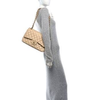CHANEL Lambskin Quilted Jumbo Double Flap Beige